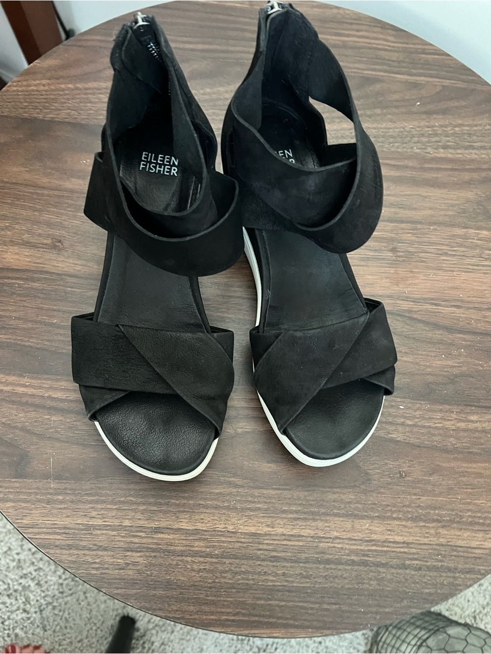 Eileen Fisher Black Suede Crisscross Ankle-Strap Sandals